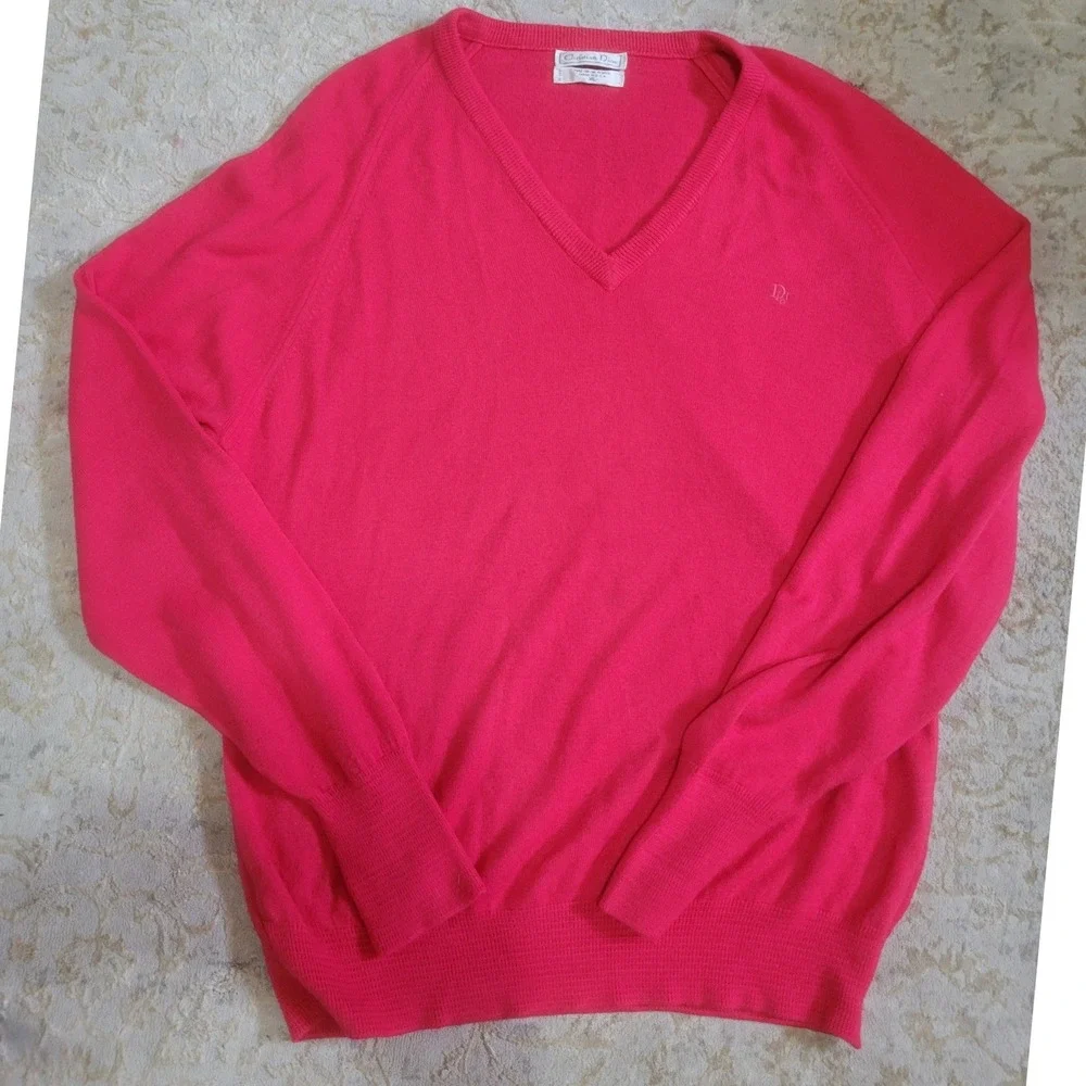 Christian Dior Vintage Pink V-Neck Sweater Mens XL Orlon Acrylic Made in USA